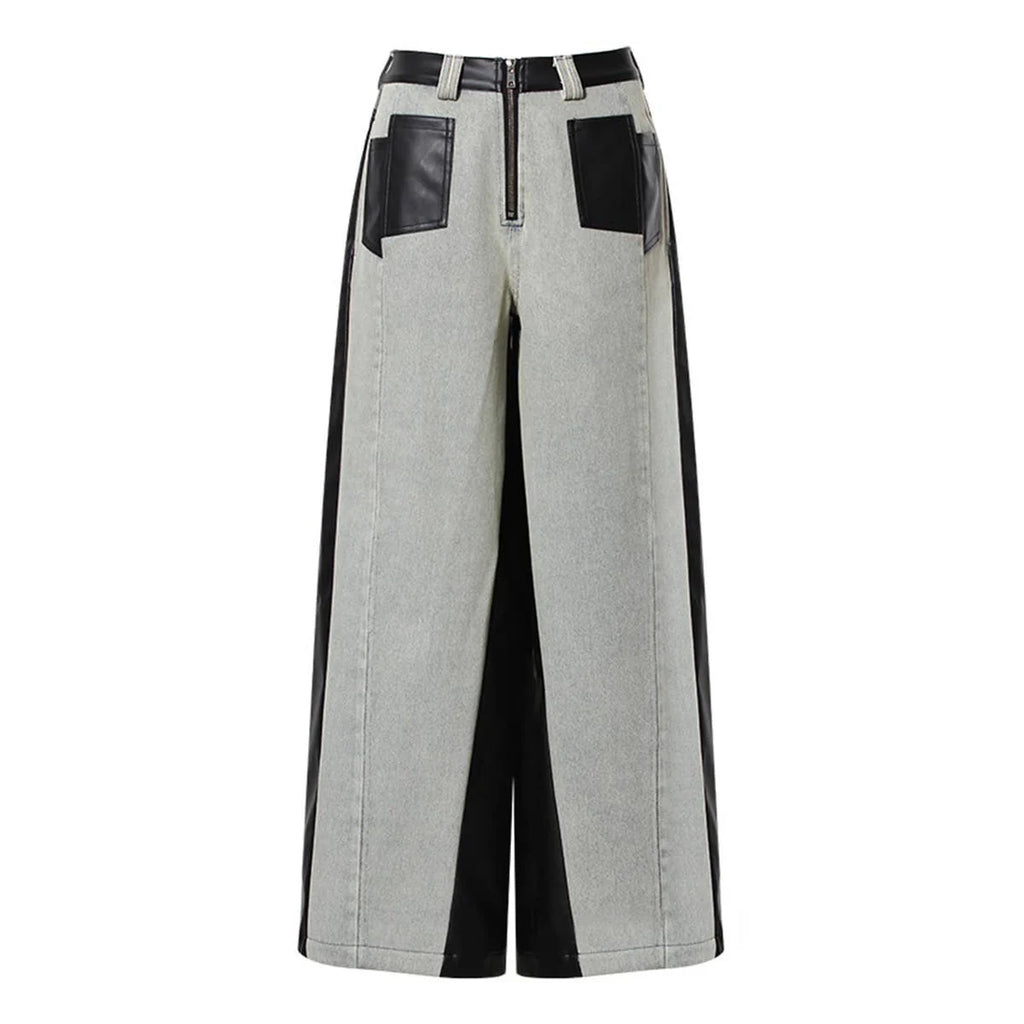 Retro Contrast Leather Wide-Leg Jeans