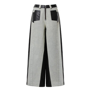 Retro Contrast Leather Wide-Leg Jeans