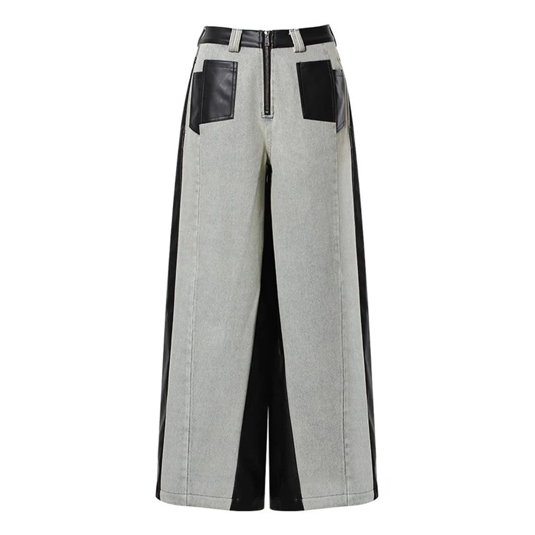 Retro Contrast Leather Wide-Leg Jeans