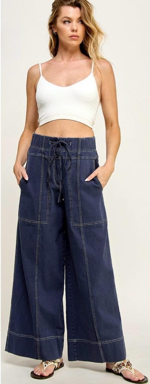 Wide Leg Pants with Stitches Detail
