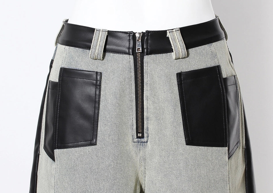 Retro Contrast Leather Wide-Leg Jeans