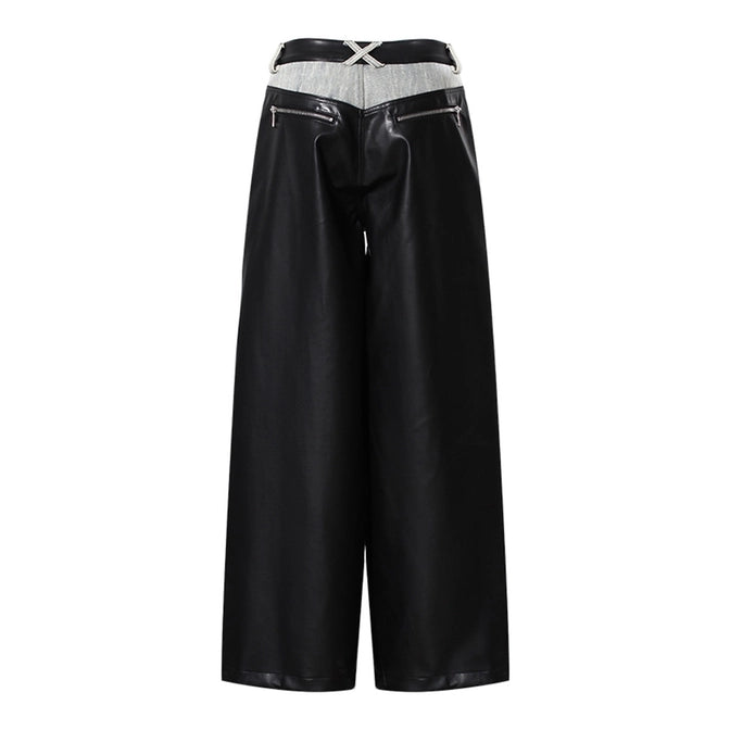 Retro Contrast Leather Wide-Leg Jeans